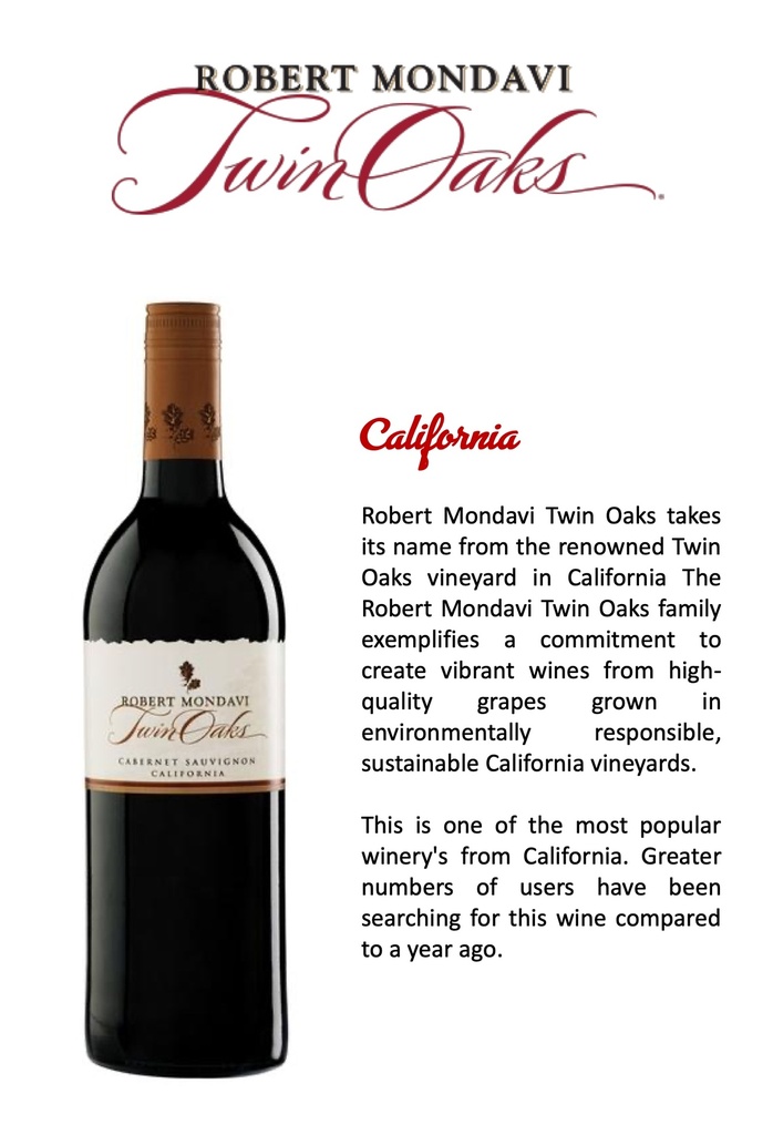 Cabernet Sauvignon Twin Oaks, Robert Mondavi Twin Oak | La Boutique Du Vin